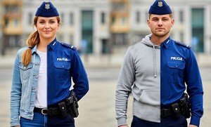 Policjant i policjantka, którzy mają ubiór z pionowym podziałem na mundur i odzież cywilną.