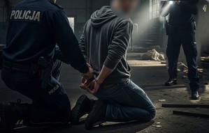 Policjant zakłada kajdanki mężczyźnie na ręce trzymane z tyły.