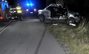 Rozbite na drzewie auto i pracujące w pobliżu niego służby.