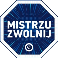 Plakietka w kształcie znaku STOP. Na niebieskim tle napis Mistrzu Zwolnij.