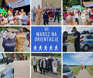 Kolaż ze zdjęciami przedstawiający poszczególne etapy marszu na orientację.