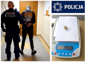 Kolaż dwóch zdjęć. Po lewej stronie policjant prowadzi zatrzymanego, a po prawej waga elektroniczna  z zabezpieczonym suszem roślinnym.
