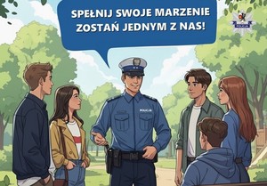 Policjant rozmawia z młodymi ludźmi. Grafika rysunkowa.