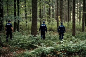 Policjanci przeszukują las.