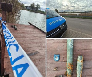 Kolaż 3 zdjęć z miejsca zdarzenia z radiowozem, jeziorem i leżącymi na pomoście niewybuchami.