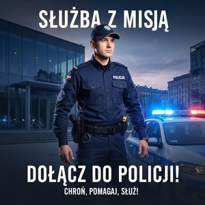 Grafika obrazkowa. Policjant, a za nim policyjny radiowóz. Nad głową policjanta biały napis: Służba z Misją. Na dole biały napis: Dołącz do Policji! Chroń, pomagaj, służ!