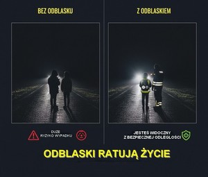 Grafika obrazkowa przedstawiająca pieszych z odblaskami i bez na drodze.