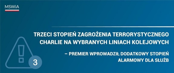 Grafika tekstowa. Niebieskie tło i białe napis: Trzeci stopień zagrożenia terrorystycznego CHARLIE na wybranych liniach kolejowych - premier wprowadził dodatkowy stopień alarmowy dla służb.