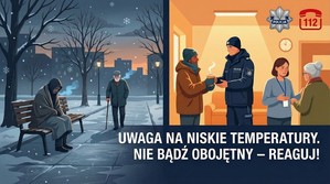 Grafika obrazkowa przedstawiająca osoby w potrzebie, oraz seniorów otrzymujących pomoc od policji. Napis: Uwaga na niskie temperatury. Nie bądź obojętny - reaguj!