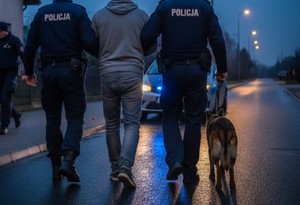 Policjanci prowadzą zatrzymanego mężczyznę. Zdjęcie obrazujące.