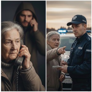 Kolaż zdjęć Na pierwszym od lewej oszust dzwoniący do starszej kobiety. Na prawym zdjęciu Kobieta rozmawia z policjantem.