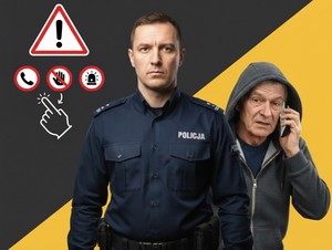 Policjant na szarożółtym tle, a za nim oszust rozmawia przez telefon. Piktogramy ostrzegające przed oszustami.
