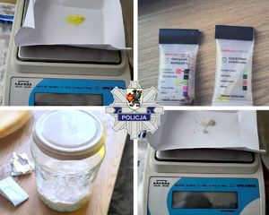 Kolaż 4 zdjęć z zabezpieczonymi środkami odurzającymi.