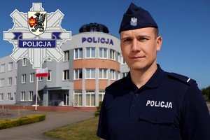 Na pierwszym planie policjant, a w tle budynek starogardzkiej komendy. Po lewej stronie policyjna gwiazda.