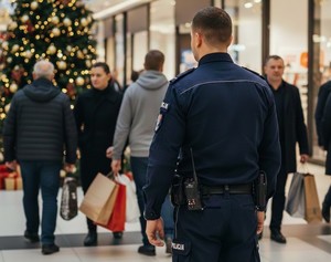 Policjant na korytarzu w galerii pomiędzy klientami ze świątecznymi zakupami.