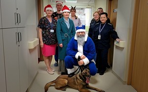 Zdjęcie grupowe personelu szpitala oraz elfów z psem i Niebieskim Mikołajem.