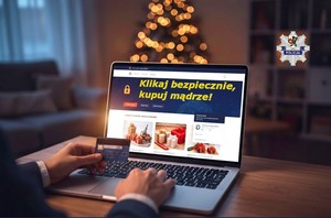 Mężczyzna siedzący przy laptopie robi zakupy, trzyma kartę płatniczą. W tle ciepłe światło choinki.