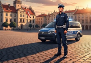 Obrazek przedstawiający policjanta, a w tle radiowóz na placu w bliżej nieokreślonym mieście, przy zachodzie słońca. W oddali widoczna na maszcie biało-czerwona flaga.