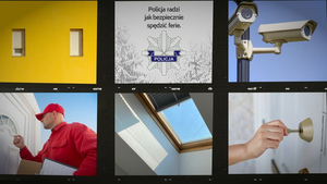 Kolaż 6 zdjęć przedstawiających między innymi domokrążcę pukającego do drzwi, okno dachowe, osobę wkładającą klucz do zamka, kamery monitoringu, rolety okienne oraz grafika z napisem: Policja radzi jak bezpiecznie spędzić święta.