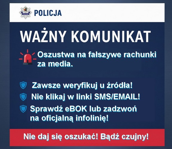 Grafika obrazkowa zawierająca skrótowe hasła ostrzegające przed oszustami.