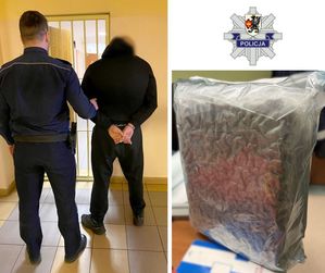 Kolaż zdjęć: na pierwszym po lewej policjant stoi przy zatrzymanym mężczyźnie, który ma założone kajdanki. Na zdjęciu po prawej znajduje się worek próżniowy z zabezpieczonym suszem roślinnym. W górnym prawym rogu policyjna gwiazda.