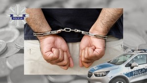 Grafika obrazkowa. od lewej logo policji. W centralnej części zdjęcie kajdanek założonych na dłoniach. W dolnym prawym rogu zdjęcie policyjnego radiowozu.
