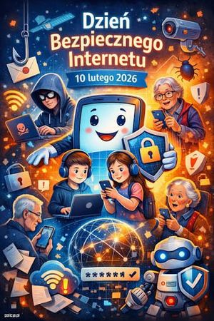 Grafika obrazkowa z hasłem: Dzień Bezpiecznego Internetu - 10 lutego 2026. Poniżej dzieci, seniorzy oraz młodzież przy komputerach i ze smartfonami.