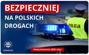 Grafika obrazkowa: Policjant, radiowóz i napis: Bezpieczniej na polskich drogach.
