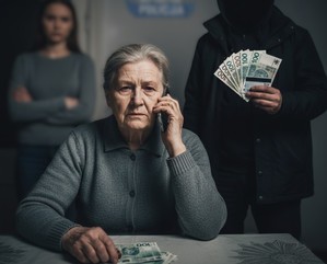 Seniorka rozmawia przez telefon, a w tle stoi oszust z pieniędzmi i ciemną niewidoczną twarzą, ukrytą w cieniu kaptura na głowie. Na drugim planie stoi młoda kobieta, która przygląda się tej sytuacji.