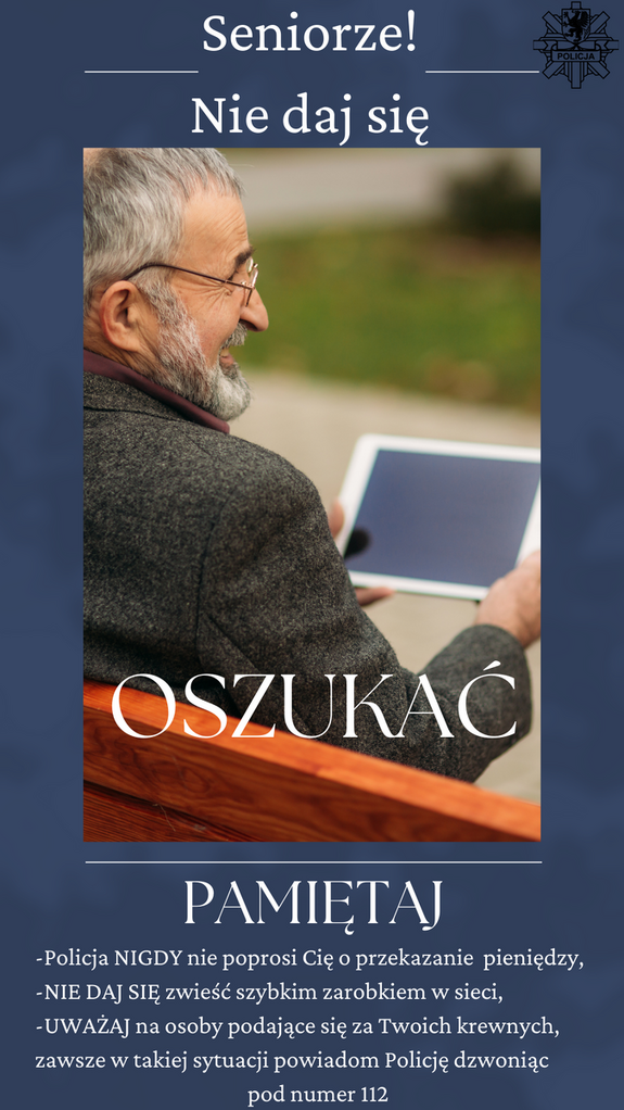 Ulotka informacyjna. Biały napis: Uwaga seniorze nie daj się oszukać!