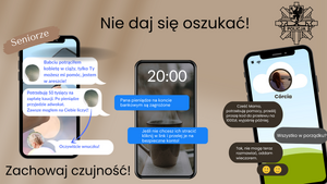 Grafika obrazkowa, na której znajdują się 3 telefony i sms-y pisane przez oszustów.