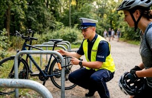 Policjant kuca przy stojaku rowerowym pokazując stojącej obok kobiecie zapięcie rowerowe.