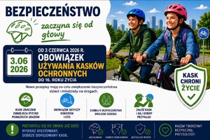 Ulotka informacyjna dotycząca obowiązku używania kasków ochronnych.