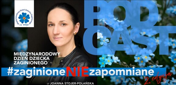 Grafika obrazkowa dotycząca Międzynarodowego Dnia Dziecka Zaginionego, zawierająca informacje dotyczącą podcastu.