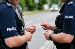 Policjanci podczas legitymowania. Funkcjonariusz po lewej stronie trzyma dowód osobisty. Zdjęcie ilustracyjne.