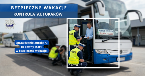 Grafika obrazująca. Autobus policjanci i kierowca w czasie kontroli.