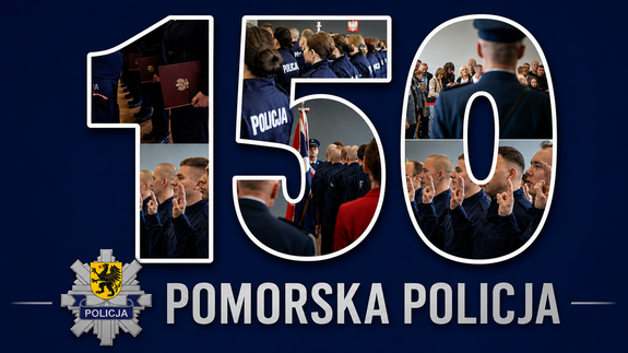 Grafika obrazkowa. Cyfra 150, a w jej obrysie zdjęcia przedstawiające policjantów.