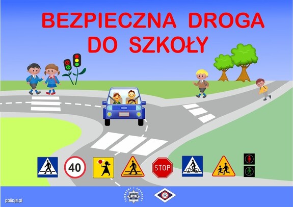 Obrazek/grafika nawiązująca do bezpiecznej drogi do szkoły. Dzieci. przejścia dla pieszych, samochód oraz znaki drogowe.