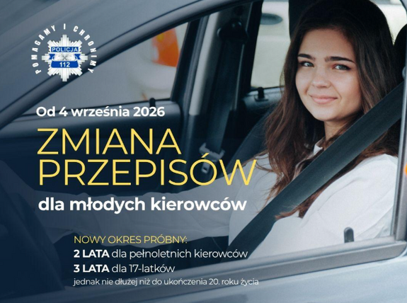Młoda kobieta za kierownicą. Napis: od 4 września 2026 roku zmiany w przepisach dla młodych kierowców.