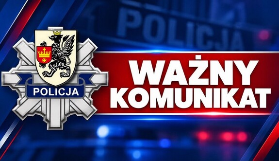 Plansza informacyjna. Po lewej logo- policyjna gwiazda z herbem powiatu starogardzkiego, po prawej biały napis o treści: Ważny Komunikat.