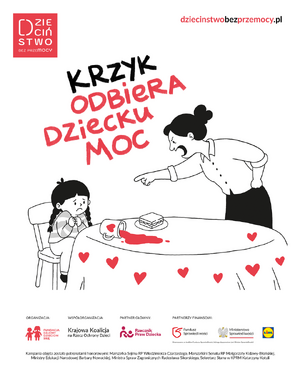 Grafika obrazkowa. Matka krzycząca na dziecko. Napis: Krzyk odbiera dziecku Moc.